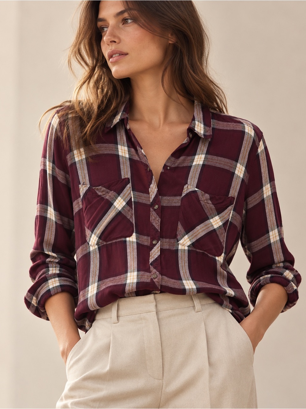 Abercrombie & Fitch Burgundy Plaid Button Down Shirt Small 100% Viscose